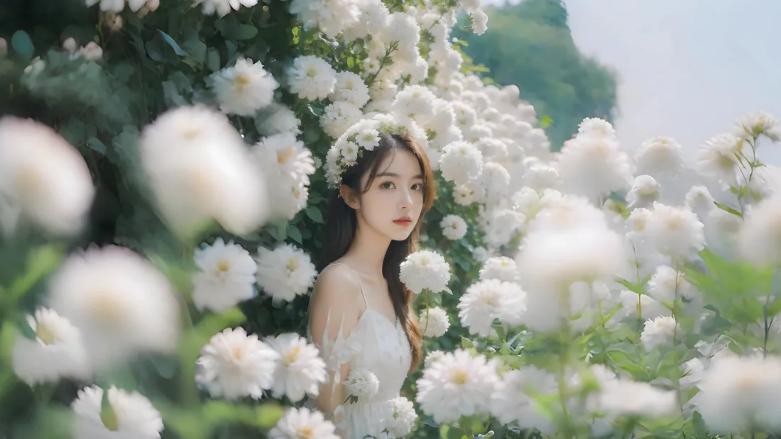 4k白衣少女壁纸｜繁花背景图片 - 美丽「哲风壁纸」