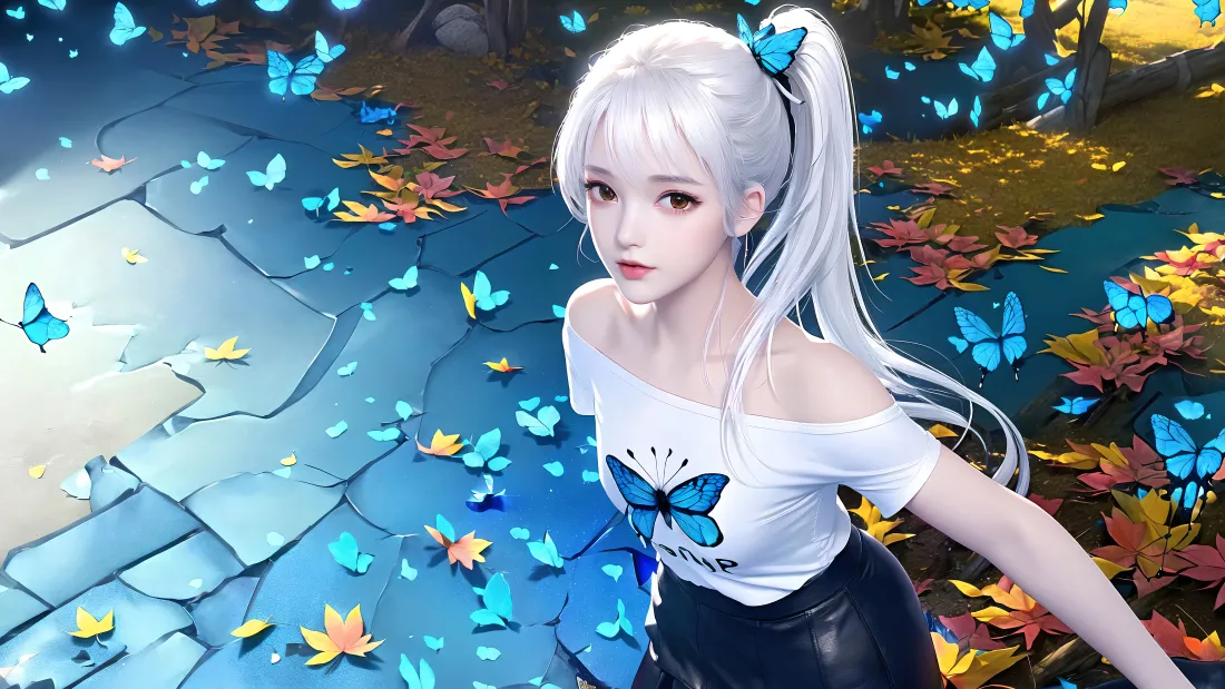 4k白发少女壁纸｜蝶舞落叶背景图片 - 清纯「哲风壁纸」