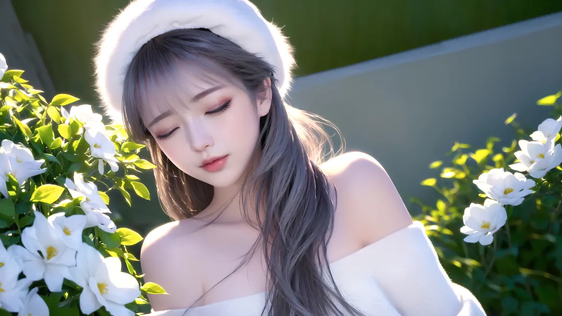 4k闭眼少女壁纸｜白帽白花背景图片 - 插画「哲风壁纸」