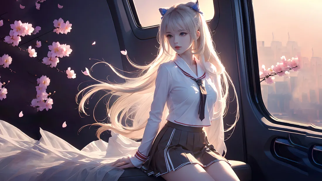 4k猫耳少女壁纸｜樱花车内背景图片 - 学生制服「哲风壁纸」