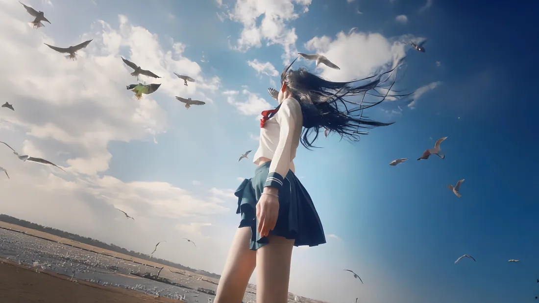 4k少女壁纸｜沙滩海鸥背景图片 - 4K「哲风壁纸」