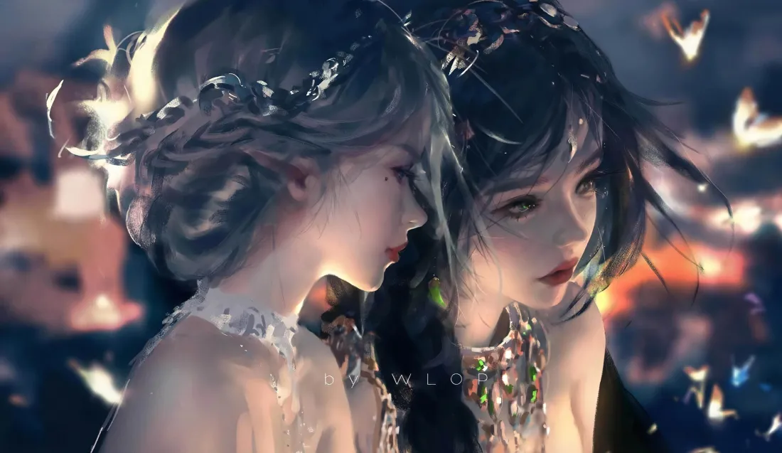 6k双生女壁纸｜蝴蝶光影背景图片 - WLOP 2K「哲风壁纸」