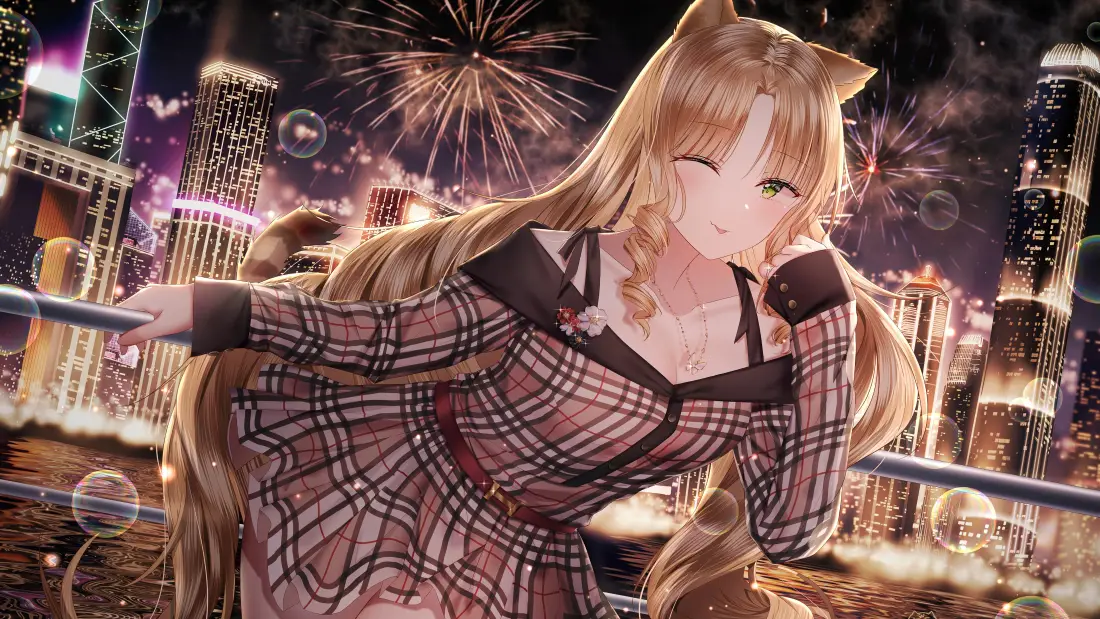 4k猫耳少女壁纸｜都市烟花背景图片 - 二次元「哲风壁纸」