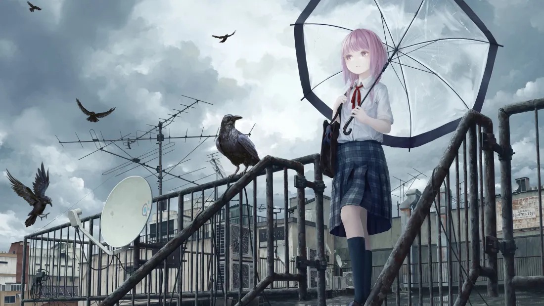 4k粉伞少女壁纸｜鸦群阴天背景图片 - 二次元「哲风壁纸」