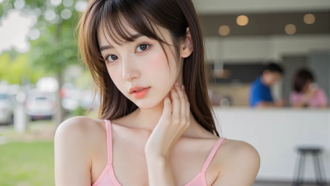 3k清新美人｜户外咖啡厅背景图片 - 美艳写真「哲风壁纸」