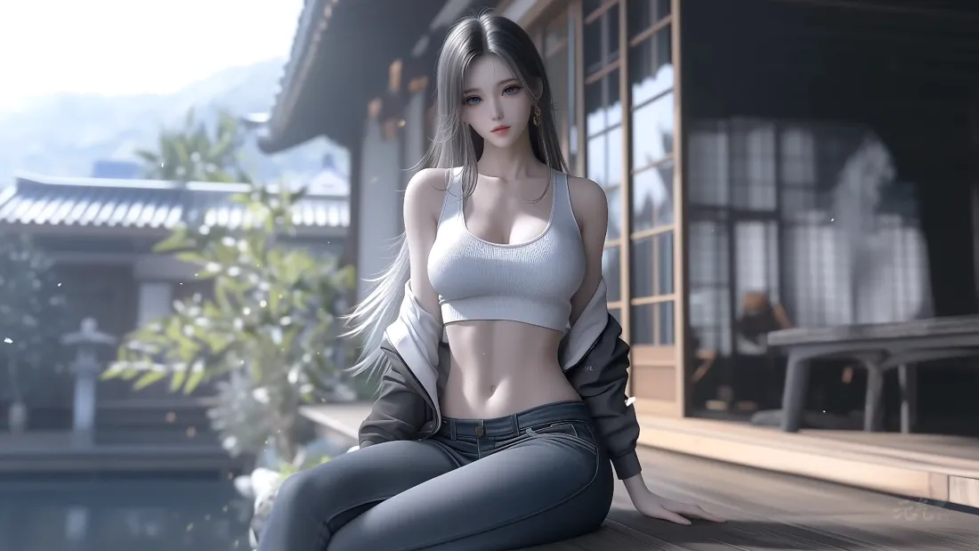4k美女壁纸｜日式庭院背景图片 - 牛仔裤美女「哲风壁纸」