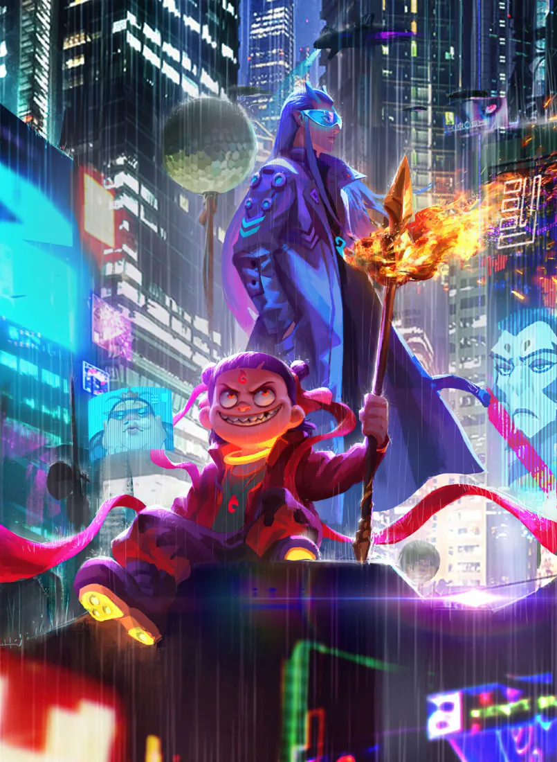 哪吒朋克手机壁纸｜赛博都市背景图片 - 潮流插画「哲风壁纸」
