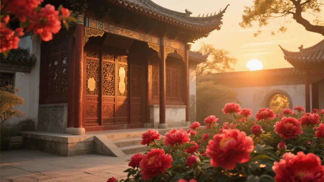 2k古建筑壁纸｜牡丹庭院背景图片 - 夕阳「哲风壁纸」