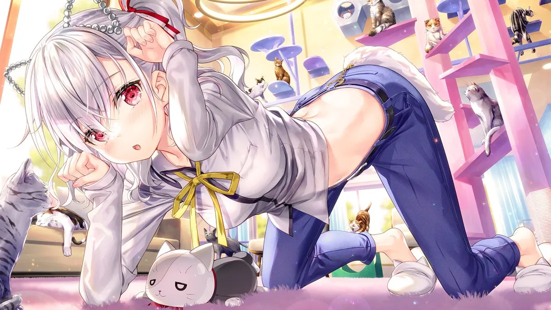 2k(银发少女壁纸｜红瞳萌系背景图片 - 趴姿)「哲风壁纸」