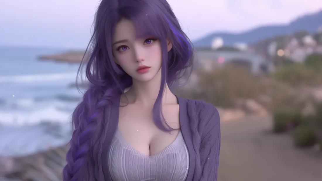 4k紫发少女壁纸｜海滨背景图片 - 紫色毛衣「哲风壁纸」