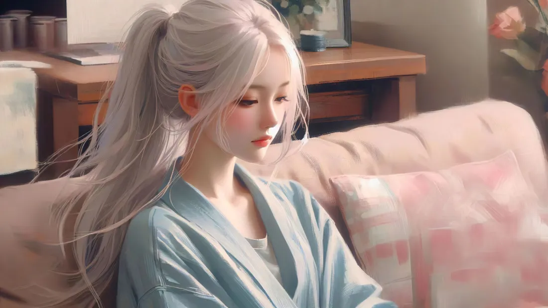 4k银发马尾少女壁纸｜居家背景图片 - 温柔氛围「哲风壁纸」