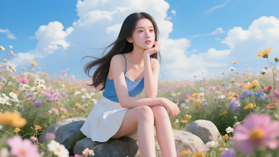4k长发少女壁纸｜花海晴空背景图片 - 吊带美少女「哲风壁纸」