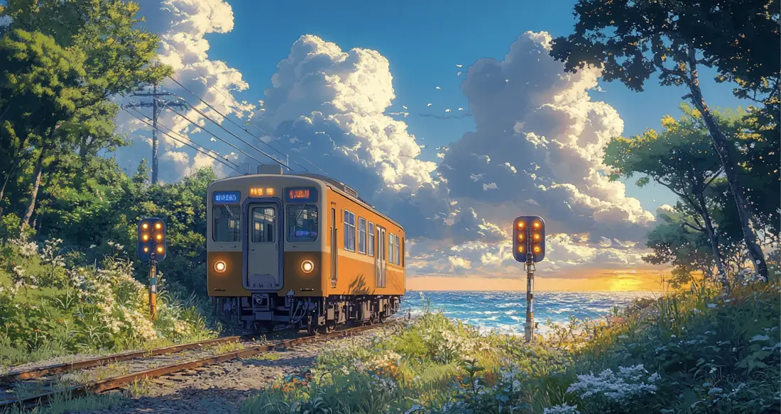 3k宫崎骏海边火车壁纸｜夕阳铁轨背景图片 - 动漫「哲风壁纸」