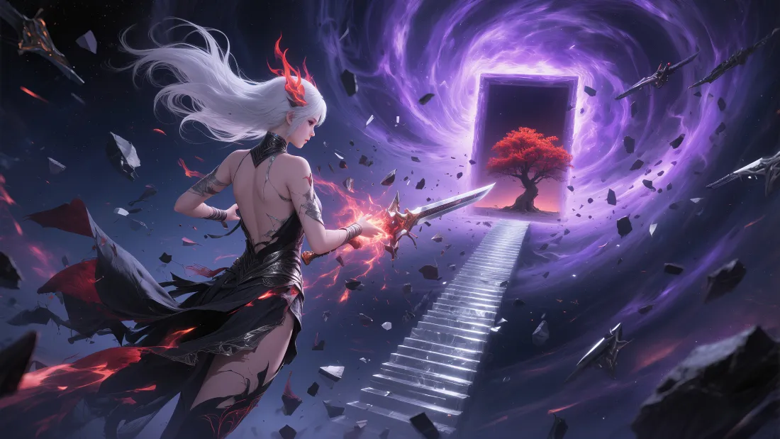 4k白发女战士破碎空间壁纸｜奇幻背景图片 - 漩涡之门「哲风壁纸」