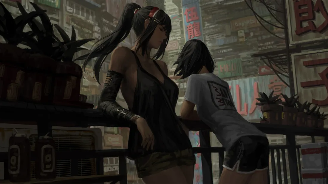 4k赛博朋克双女壁纸｜未来都市背景图片 - 二次元「哲风壁纸」