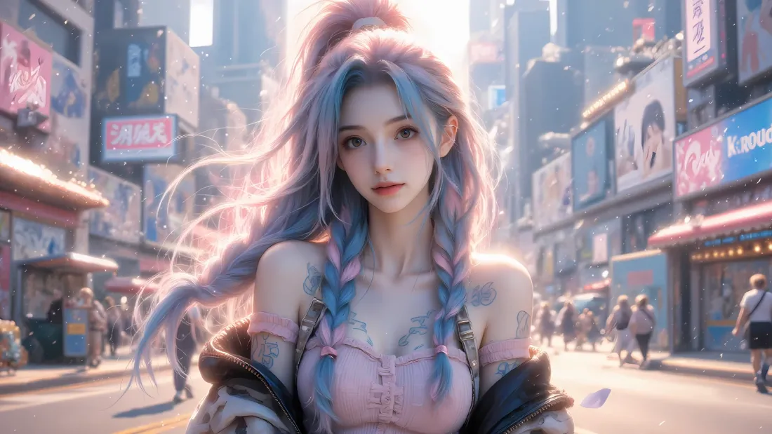 2k蓝发双马尾少女壁纸｜未来霓虹都市背景图片 - 性感时尚「哲风壁纸」