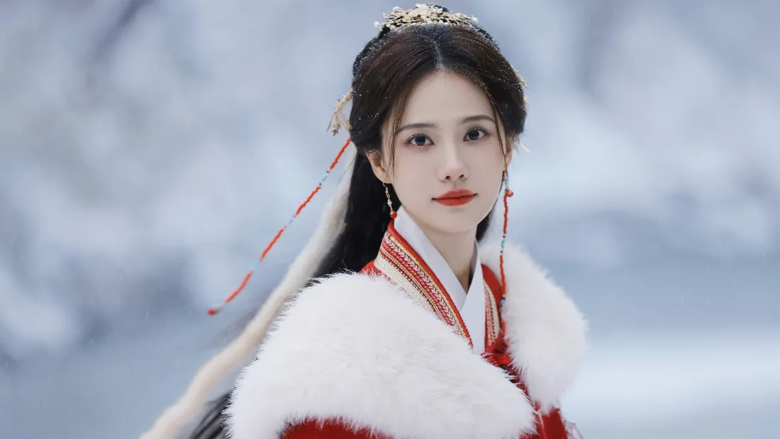 2k古装美女壁纸｜雪景背景图片 - 红白汉服「哲风壁纸」