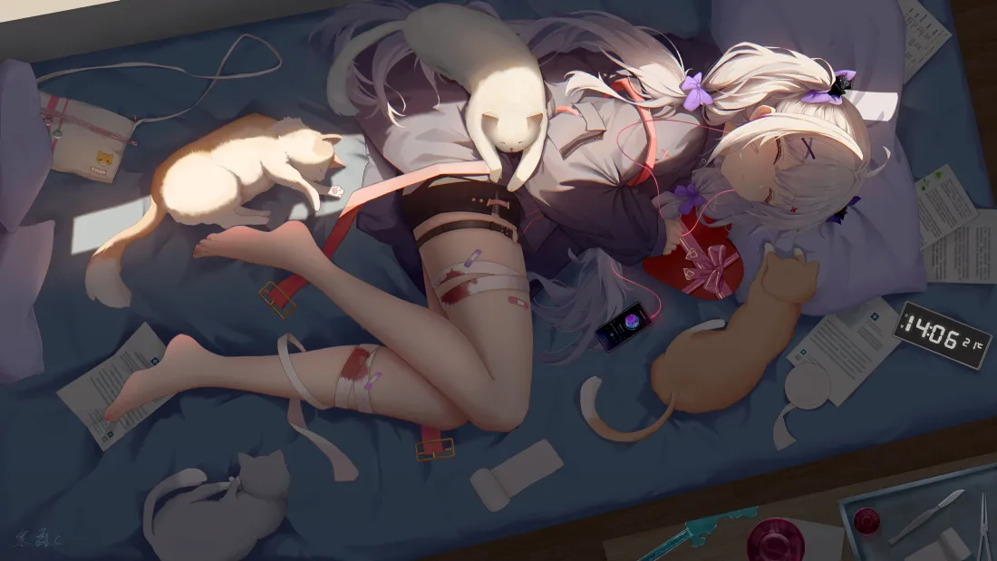 4k银发少女壁纸｜猫咪相伴背景图片 - 躺卧时光「哲风壁纸」