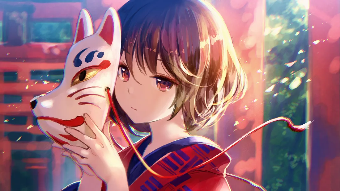 2k狐狸面具少女壁纸｜日系插画背景图片 - 二次元「哲风壁纸」