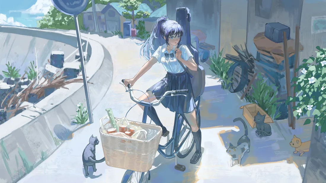 4k少女壁纸｜日系街道背景图片 - 骑行猫咪「哲风壁纸」