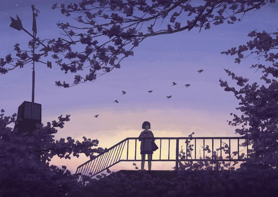 2k黄昏少女壁纸｜樱花飞鸟背景图片 - 二次元「哲风壁纸」