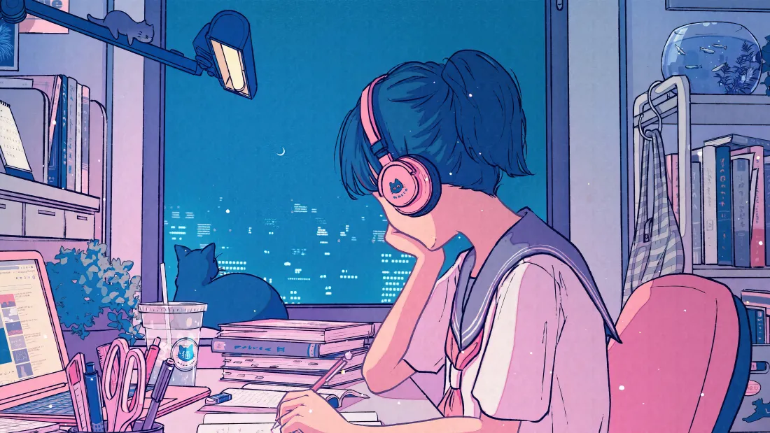 4k耳机少女壁纸｜夜景书桌背景图片 - 二次元「哲风壁纸」