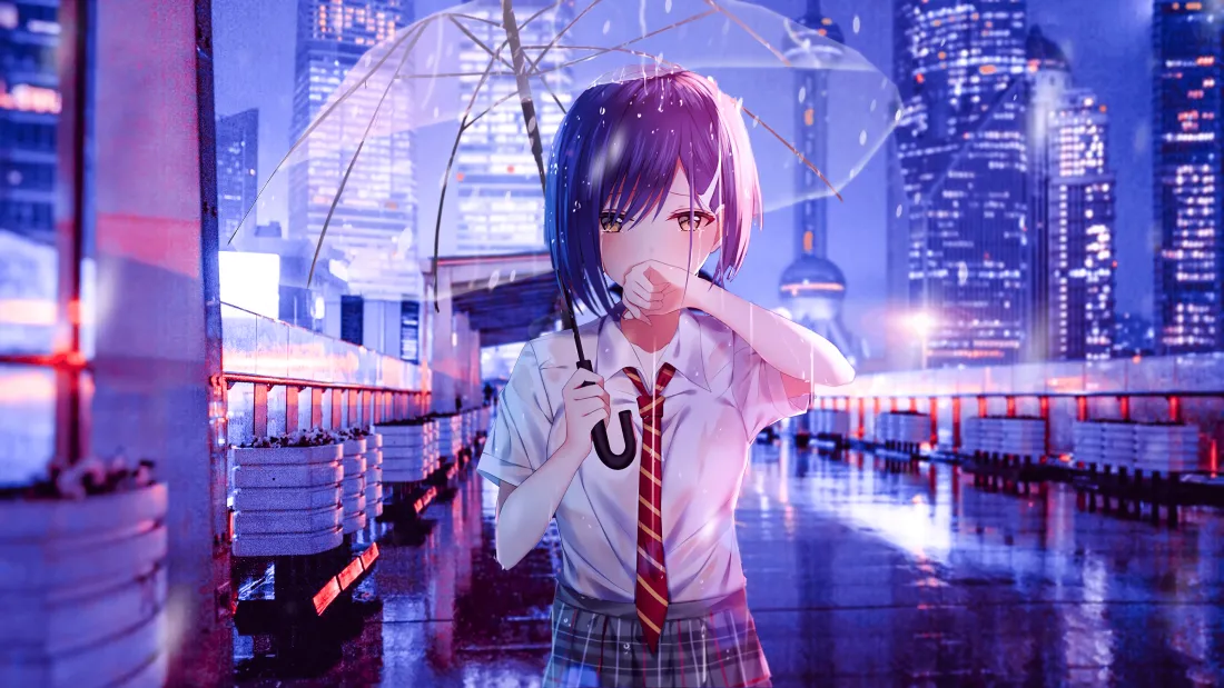 4k校服少女雨夜壁纸｜都市背景图片 - 二次元「哲风壁纸」