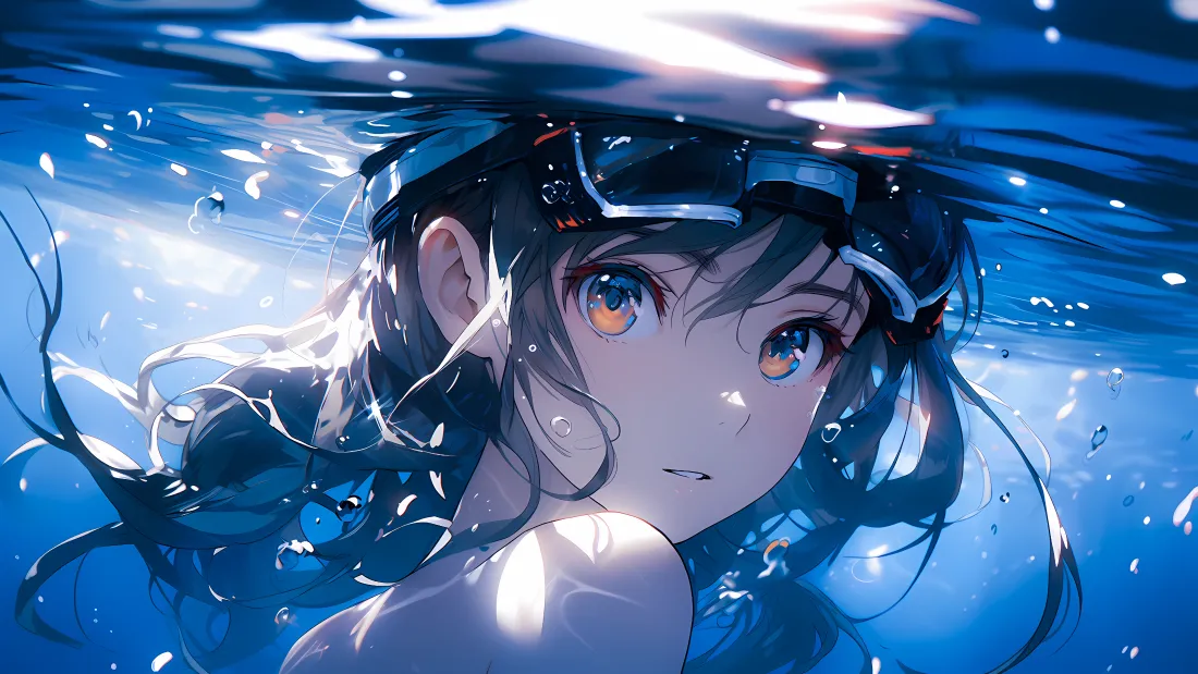 4k(泳镜少女壁纸｜水下背景图片 - 蓝色游泳场景)「哲风壁纸」
