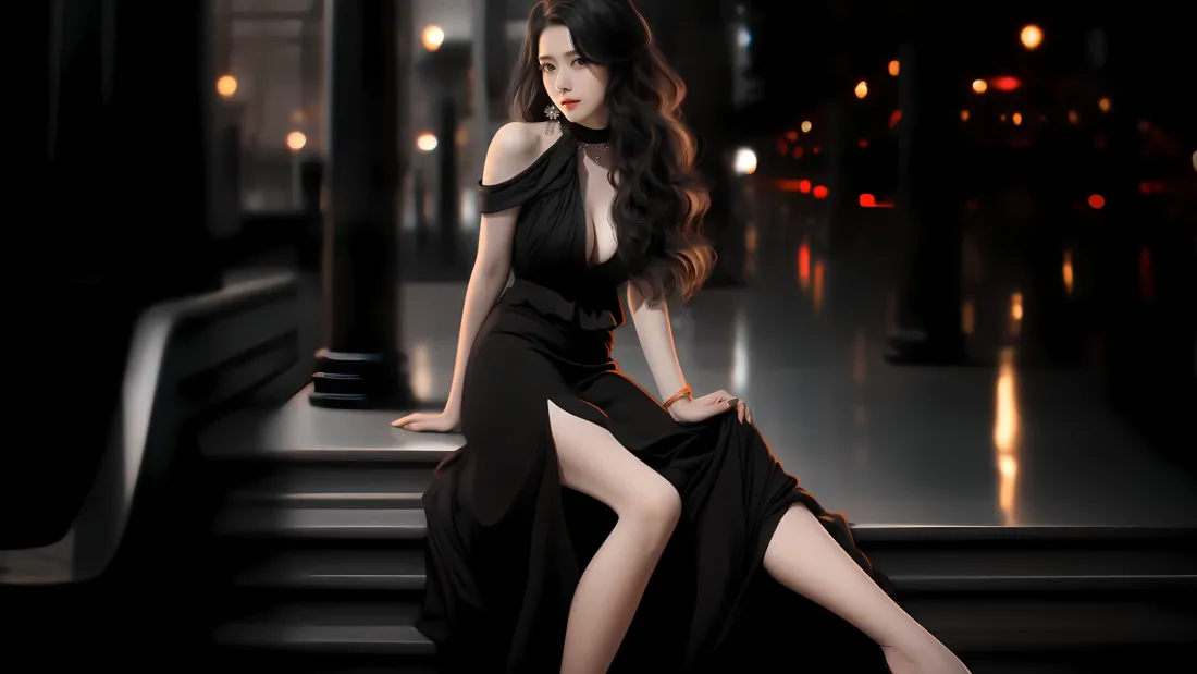 2k性感黑色礼服美女壁纸｜都市夜景背景图片 - 魅力「哲风壁纸」