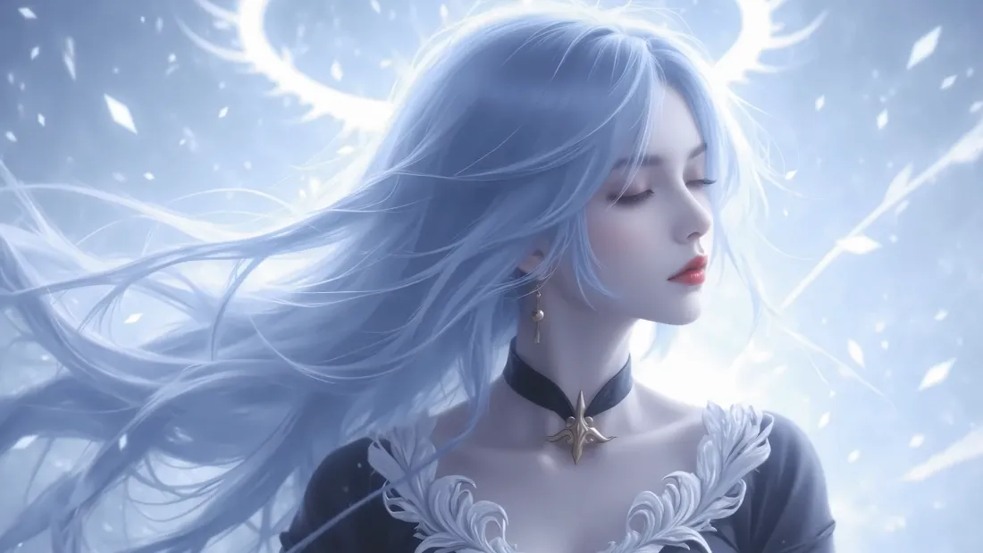 2k蓝发美女壁纸｜光晕翅膀背景图片 - 神秘幻想「哲风壁纸」