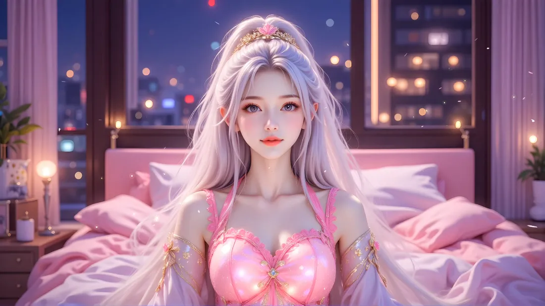 2k银发少女壁纸｜粉色卧室背景图片 - 夜景「哲风壁纸」
