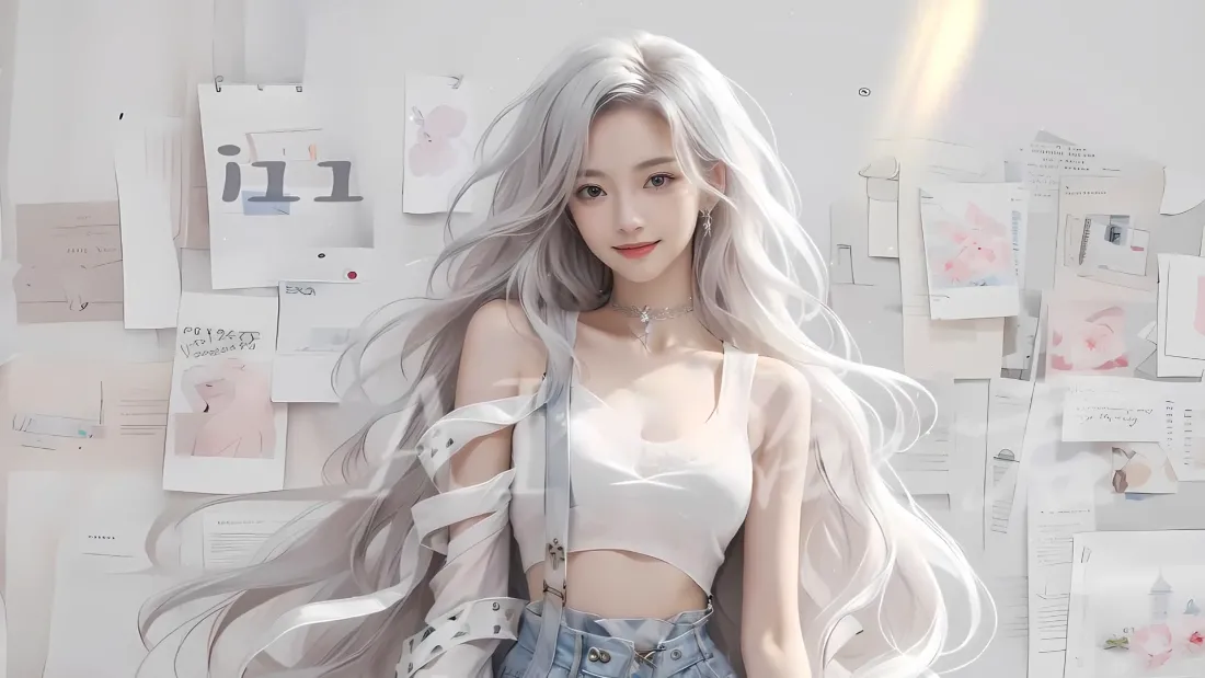 2k(银发壁纸｜贴纸墙背景图片 - 背带裤美女)「哲风壁纸」