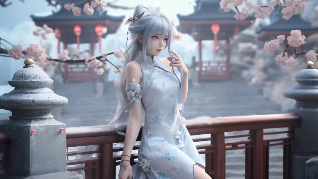 2k国风旗袍COS壁纸｜古桥樱花背景图片 - 二次元少女「哲风壁纸」