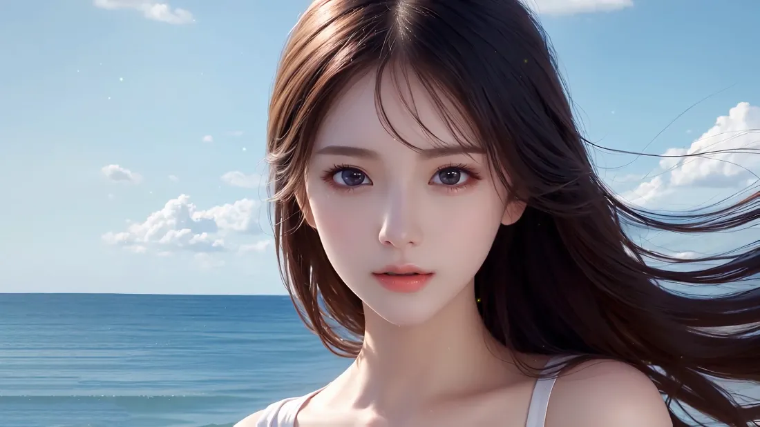 2k海边壁纸｜清纯少女背景图片 - 海风拂面「哲风壁纸」