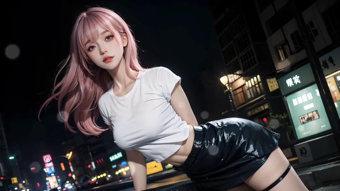 2k粉发美女｜赛博夜景背景图片 - 潮流时尚「哲风壁纸」