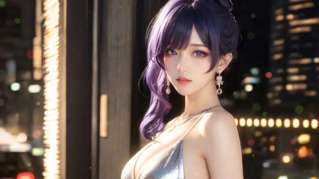 2k紫发美女壁纸｜都市夜景背景 - 时尚少女「哲风壁纸」