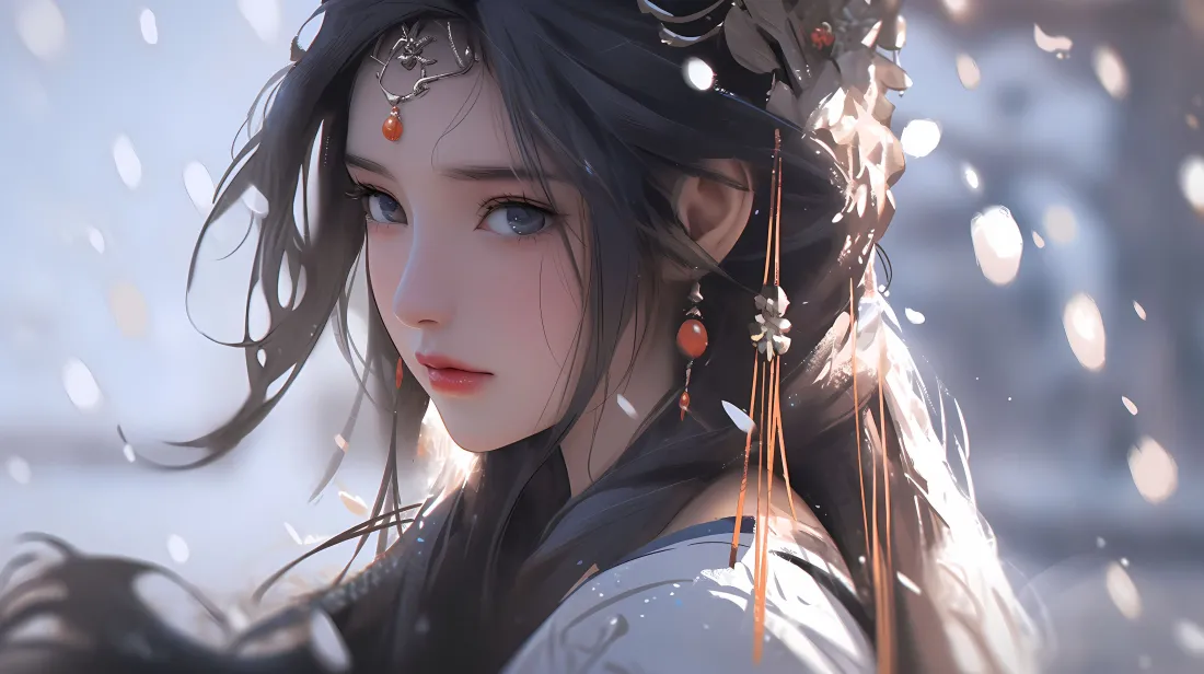 4k古风动漫美女壁纸｜雪景背景图片 - 飘逸长发「哲风壁纸」