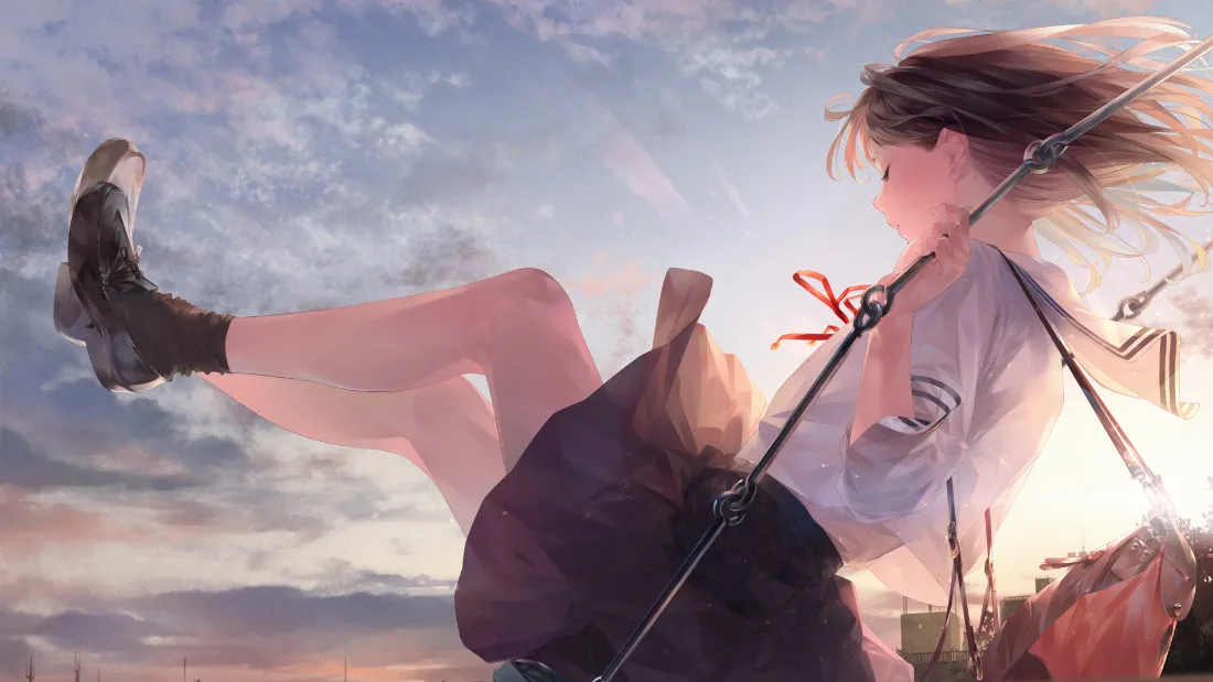 2k黄昏少女｜城市天际线背景图片 - 动感「哲风壁纸」