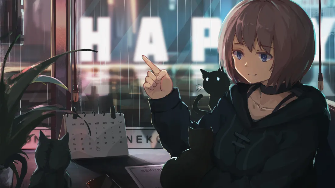 4k黑猫少女壁纸｜雨夜窗边背景图片 - 二次元「哲风壁纸」