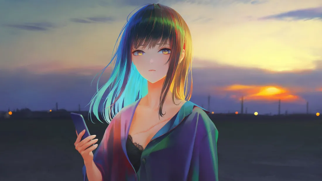 2k渐变发少女壁纸｜日落黄昏背景图片 - 二次元「哲风壁纸」