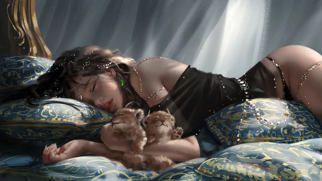 4k鬼刀插画｜二次元美少女床榻休憩 - wlop「哲风壁纸」