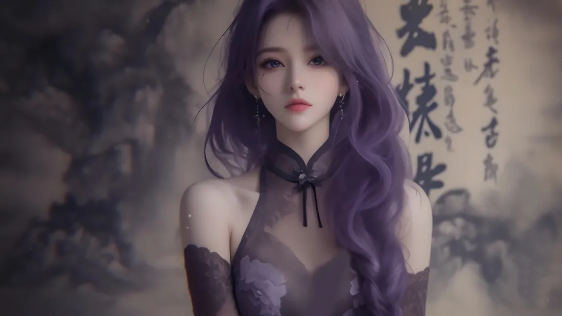 4k紫发少女壁纸｜古风书法背景图片 - 角色「哲风壁纸」