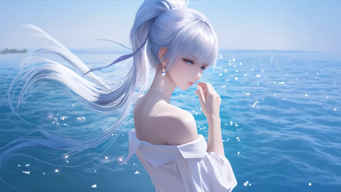 2k银发少女壁纸｜蓝海背景图片 - 海风轻拂「哲风壁纸」