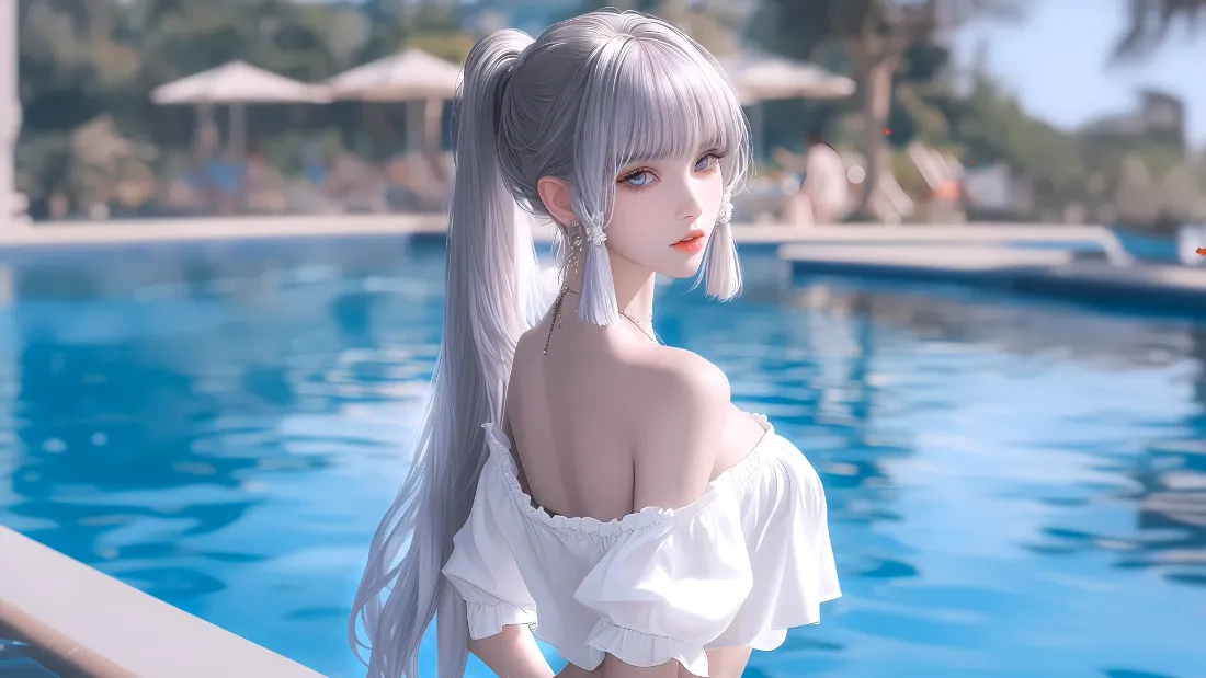 2k冷白皮美少女壁纸｜泳池边背景图片 - 清凉夏日「哲风壁纸」