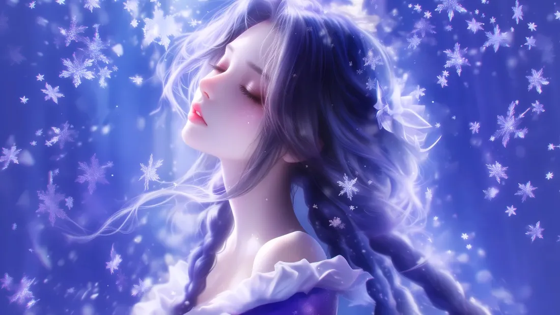 2k紫发美女壁纸｜飘雪星空背景图片 - 唯美「哲风壁纸」