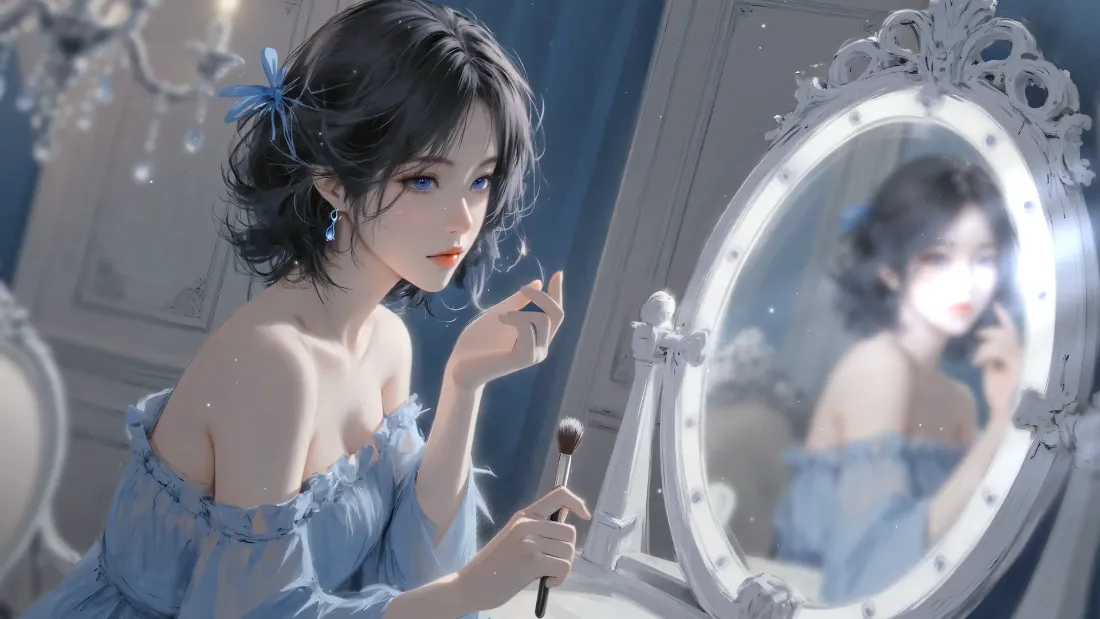 2k美妆壁纸｜蓝调背景图片 - 少女化妆「哲风壁纸」