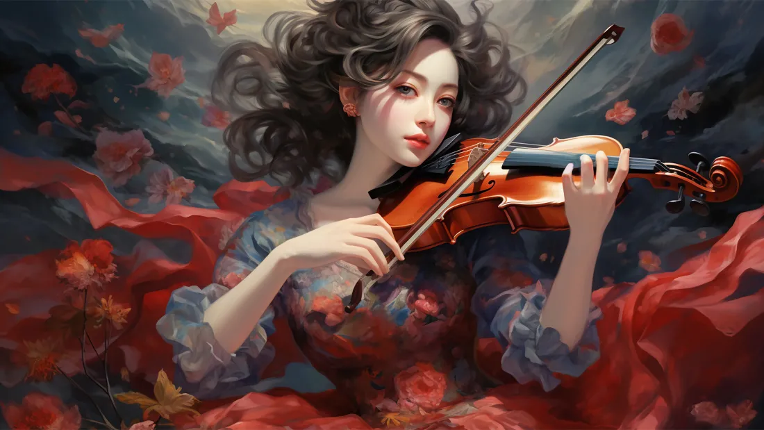 4k小提琴女孩壁纸｜红色花瓣背景图片 - 梦幻「哲风壁纸」