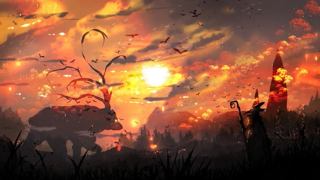 2k黄昏废墟壁纸｜魔法师剪影背景图片 - 二次元「哲风壁纸」