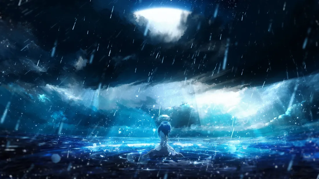 3k雨中少女壁纸｜发光巨月背景图片 - 二次元「哲风壁纸」