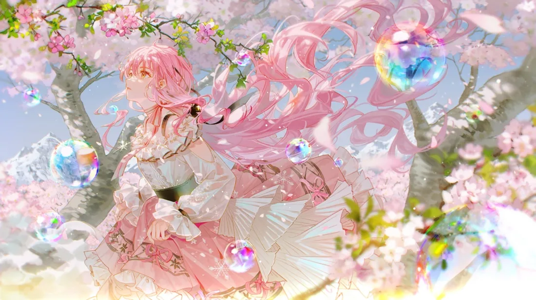 2k粉发少女壁纸｜樱花泡泡背景图片 - 二次元「哲风壁纸」